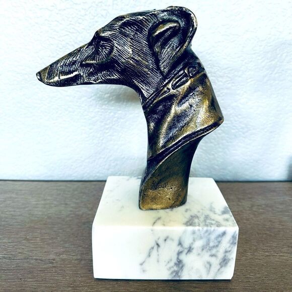 Greyhound Whippet Slender Dog Bronze Metal Sculpture Statue  Bronze Grayhound Whippet Dog Bust Marble Base Figure Decor